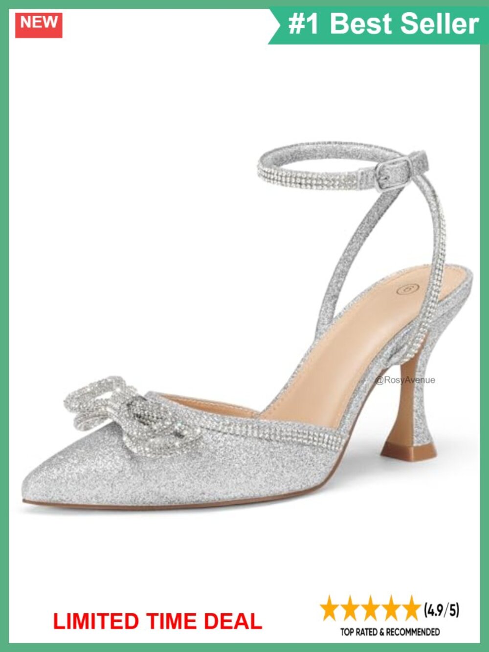 Rhinestone Bow Kitten Heels Pointed Toe Ankle Strap Wedding Pumps